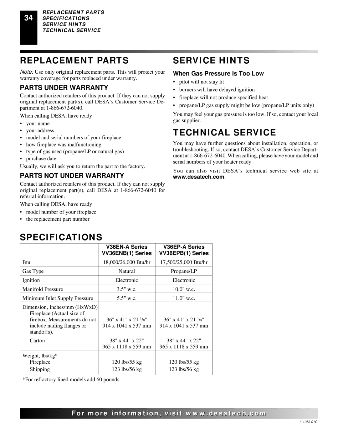 Desa V36EP-A SERIES, V36EN-A SERIES, VV36EPB(1) SERIES, VV36ENB(1) SERIES Replacement Parts, Service Hints, Specifications 