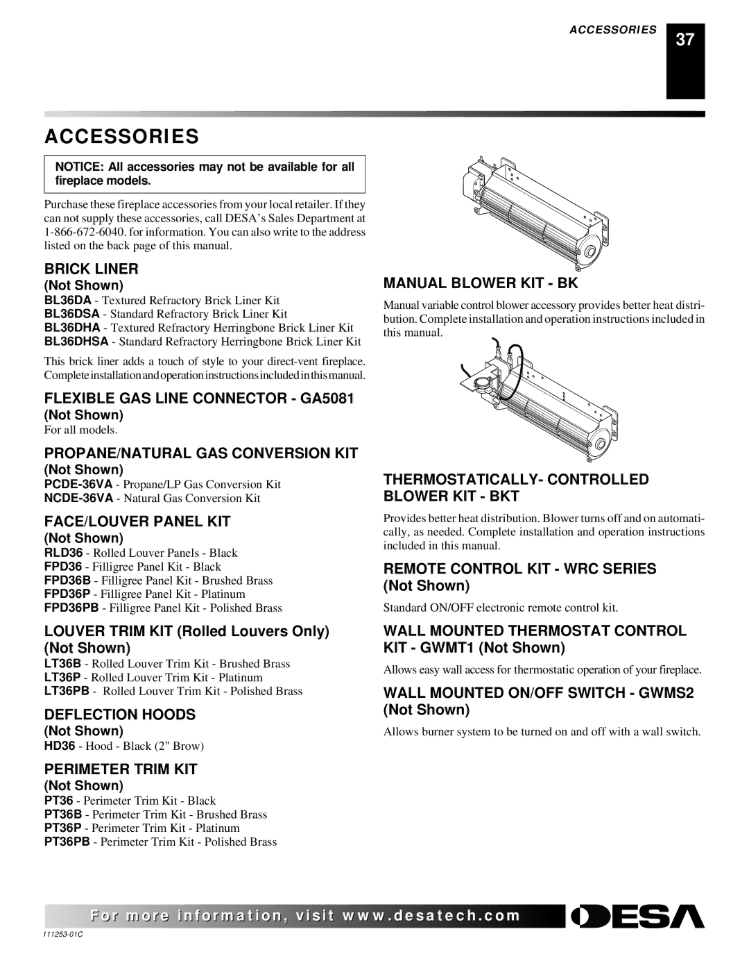 Desa V36EP-A SERIES, V36EN-A SERIES, VV36EPB(1) SERIES, VV36ENB(1) SERIES installation manual Accessories 