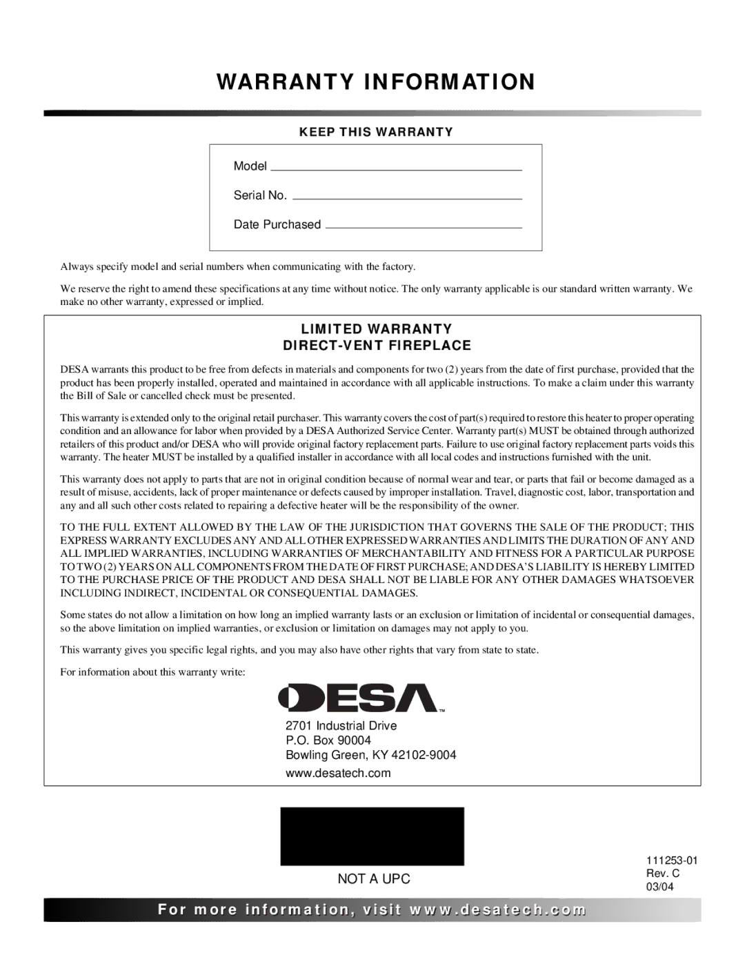 Desa V36EP-A SERIES, V36EN-A SERIES, VV36EPB(1) SERIES, VV36ENB(1) SERIES installation manual Warranty Information 