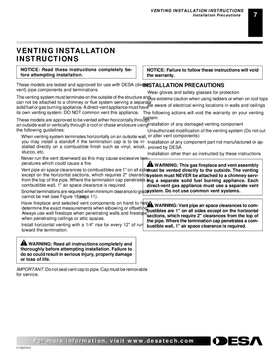 Desa V36EP-A SERIES, V36EN-A SERIES, VV36EPB(1) SERIES, VV36ENB(1) SERIES Venting Installation Instructions 