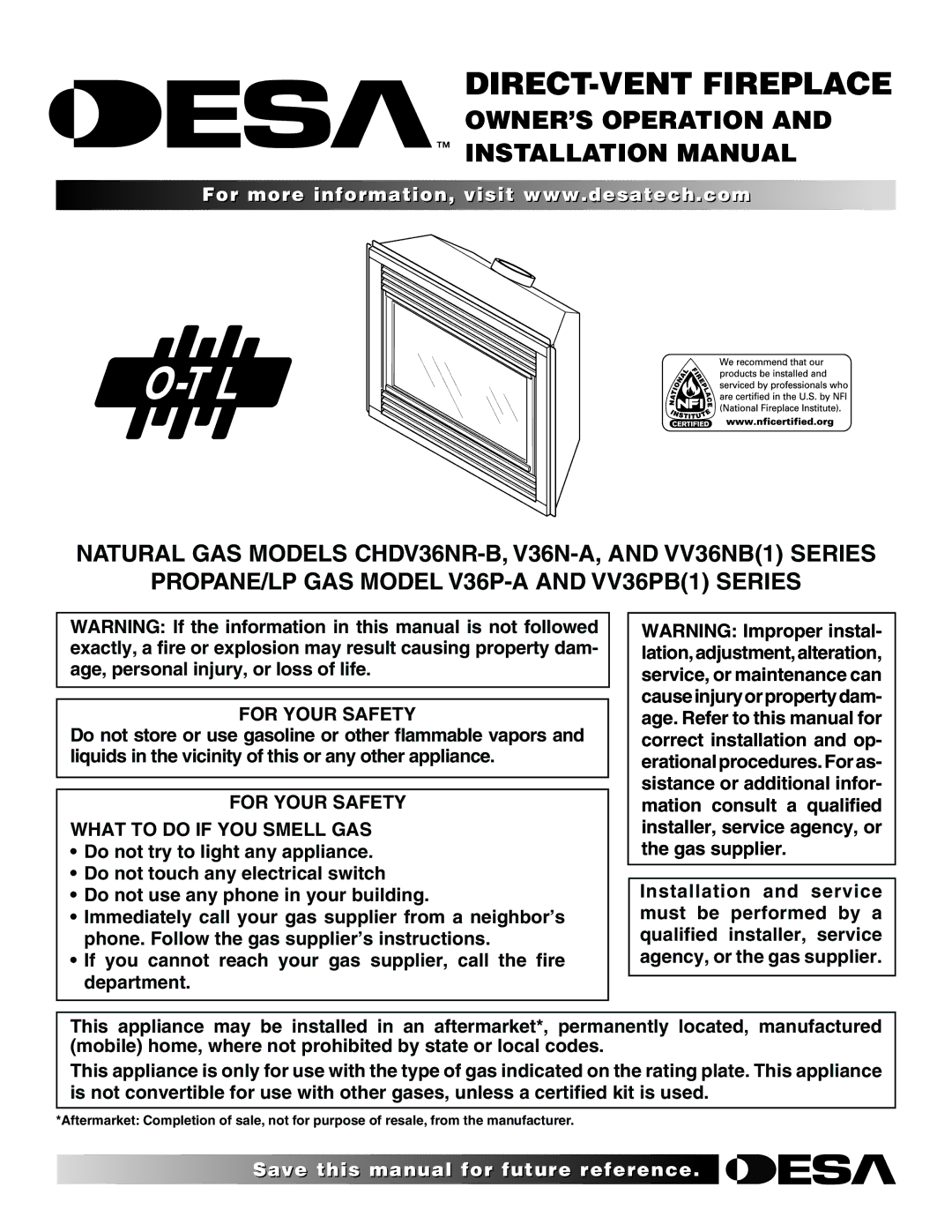 Desa V36P-A, V36NR-B, V36N-A, VV36NB(1), VV36PB(1) installation manual OWNER’S Operation Installation Manual, For Your Safety 