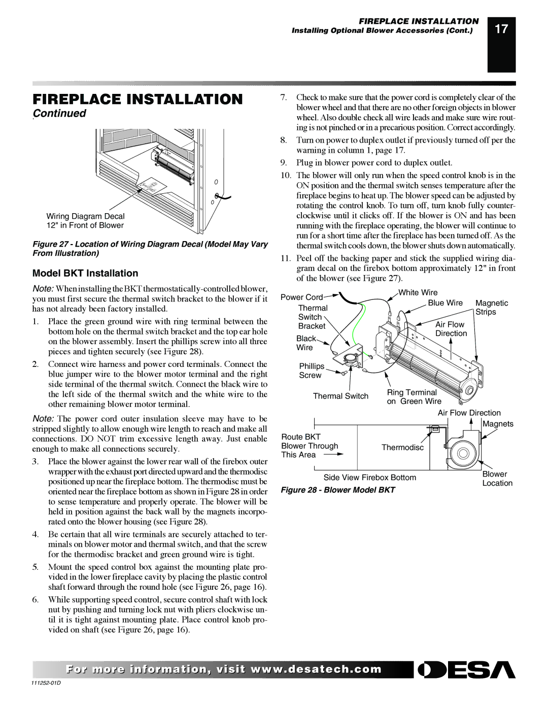 Desa V36N-A, V36NR-B, V36P-A, VV36NB(1), VV36PB(1) installation manual Model BKT Installation, Blower Model BKT 