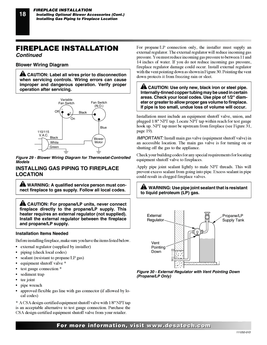 Desa VV36NB(1), V36NR-B, V36P-A, V36N-A, VV36PB(1) Installing GAS Piping to Fireplace Location, Blower Wiring Diagram 