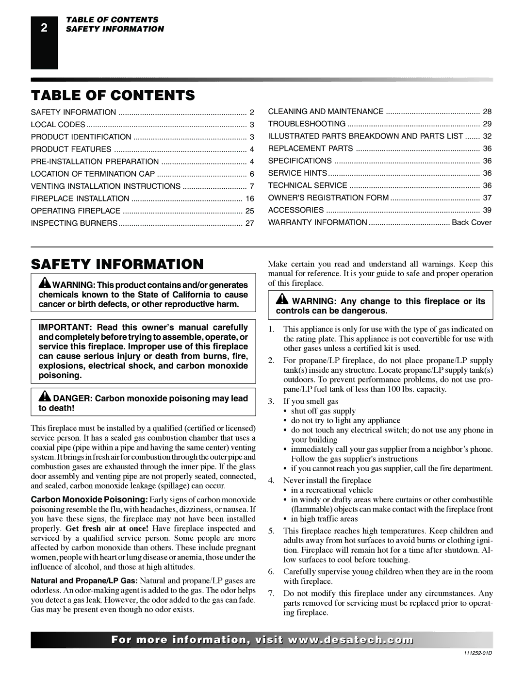 Desa V36N-A, V36NR-B, V36P-A, VV36NB(1), VV36PB(1) installation manual Table of Contents, Safety Information 