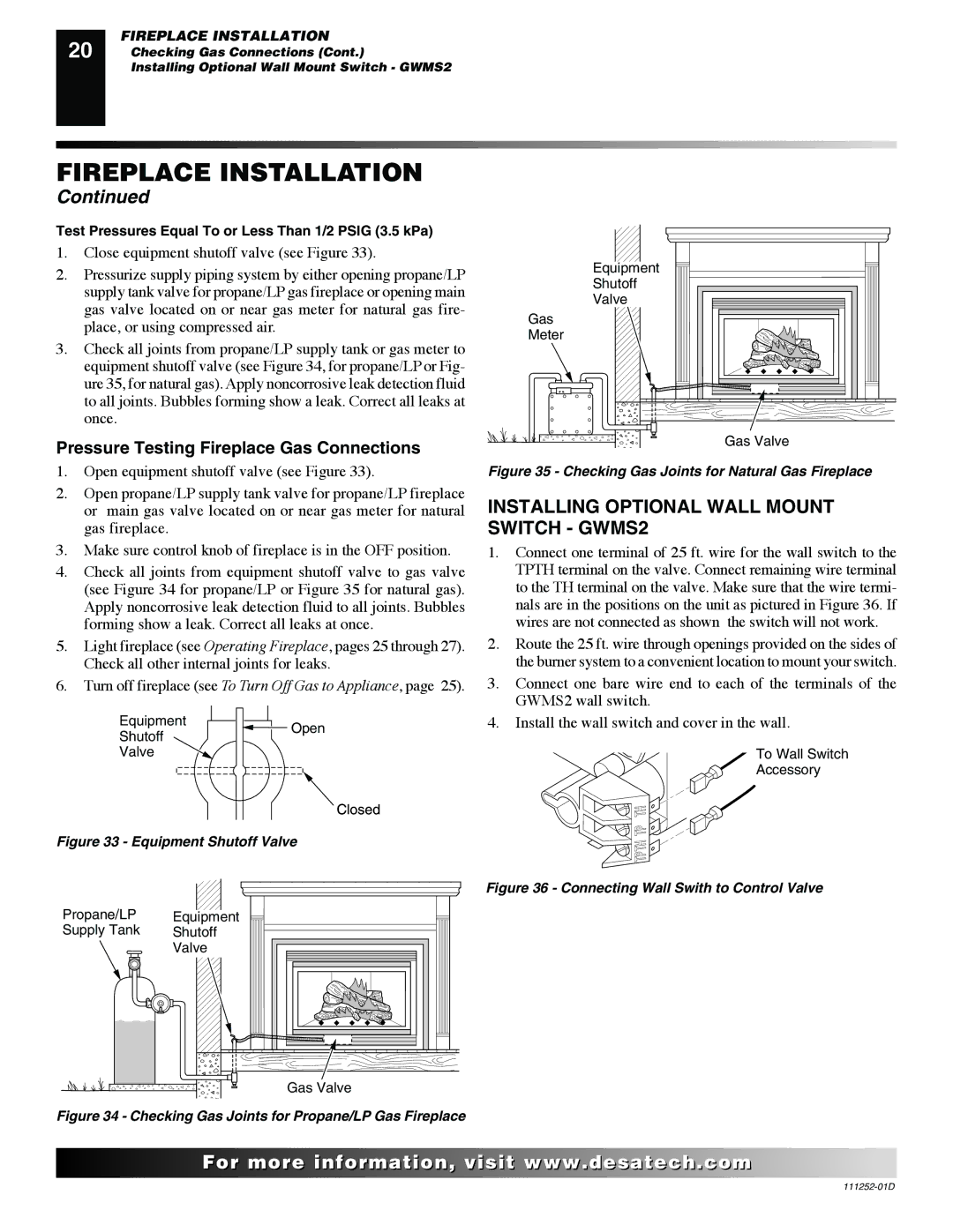 Desa V36NR-B, V36P-A, V36N-A Installing Optional Wall Mount Switch GWMS2, Pressure Testing Fireplace Gas Connections 