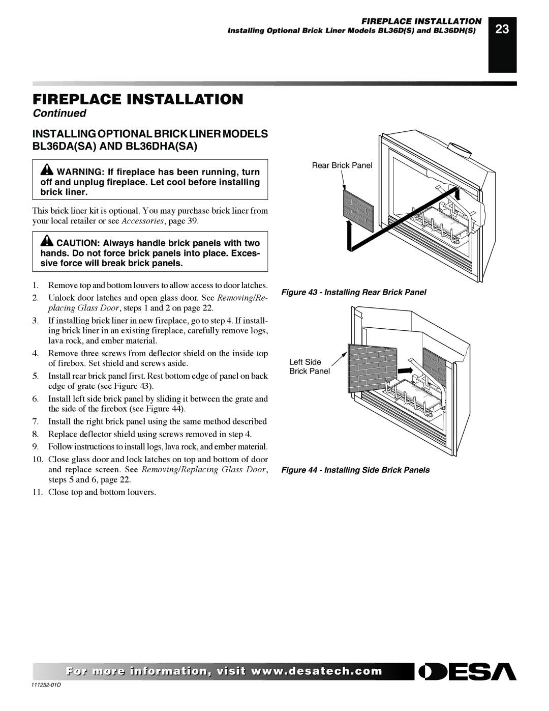 Desa VV36NB(1), V36NR-B, V36P-A, V36N-A, VV36PB(1) installation manual Installing Rear Brick Panel 