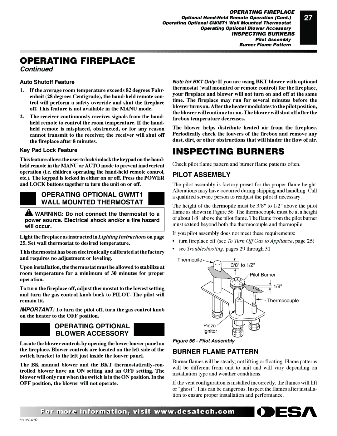 Desa V36N-A Inspecting Burners, Operating Optional GWMT1 Wall Mounted Thermostat, Operating Optional Blower Accessory 