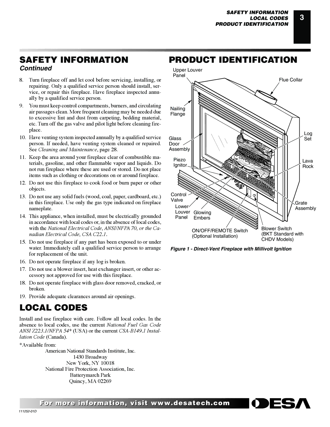 Desa VV36NB(1), V36NR-B, V36P-A, V36N-A, VV36PB(1) installation manual Safety Information Product Identification, Local Codes 