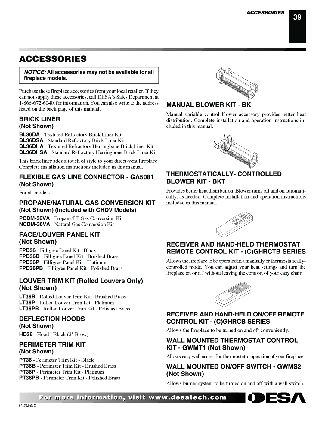 Desa VV36PB(1), V36NR-B, V36P-A, V36N-A, VV36NB(1) installation manual Accessories 