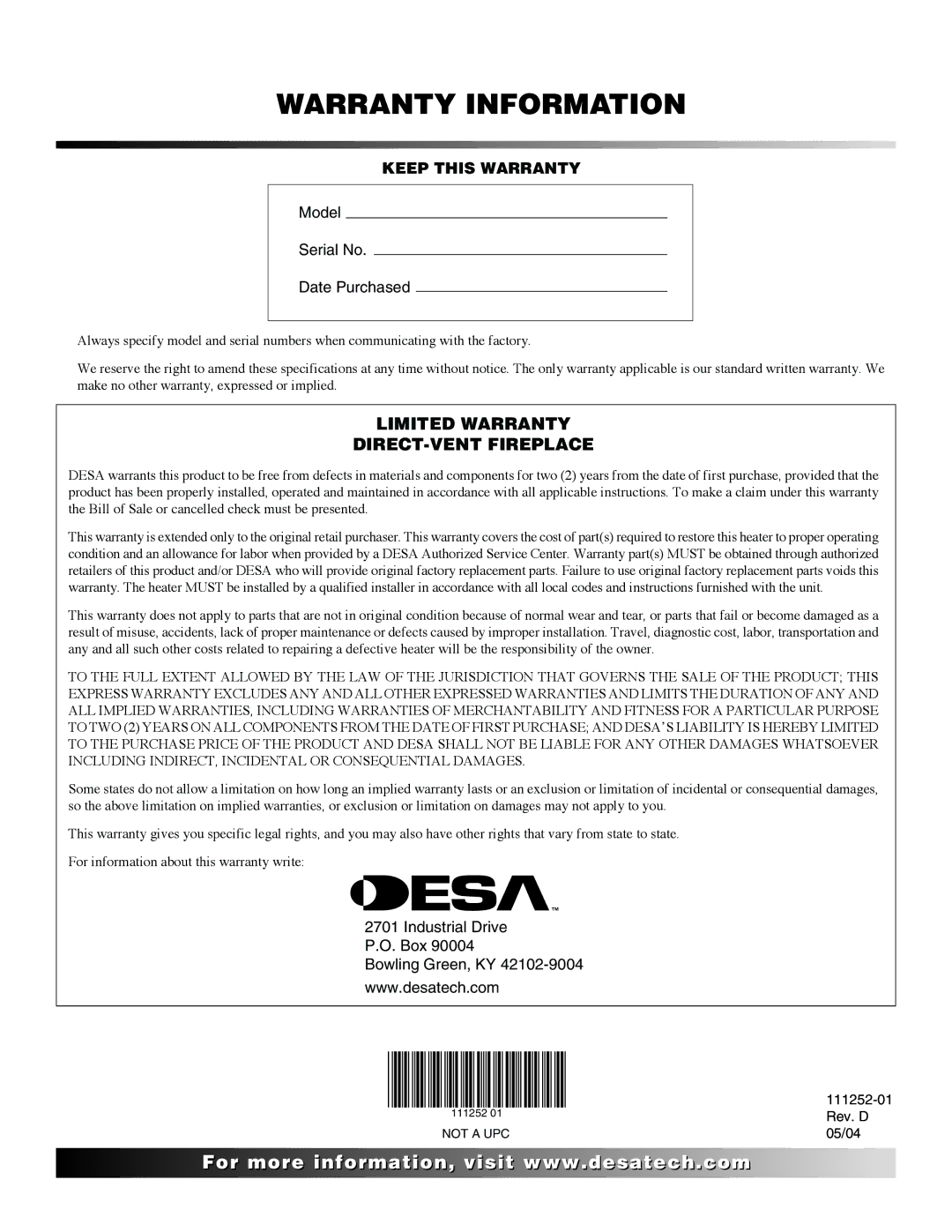 Desa V36NR-B, V36P-A, V36N-A, VV36NB(1), VV36PB(1) Warranty Information, Limited Warranty DIRECT-VENT Fireplace 