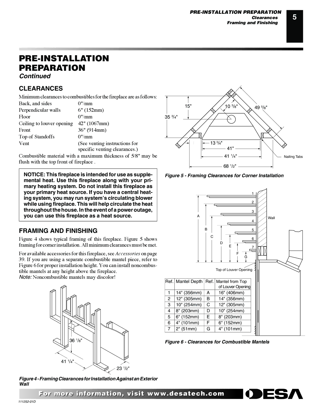 Desa V36NR-B, V36P-A, V36N-A, VV36NB(1), VV36PB(1) installation manual Clearances, Framing and Finishing 