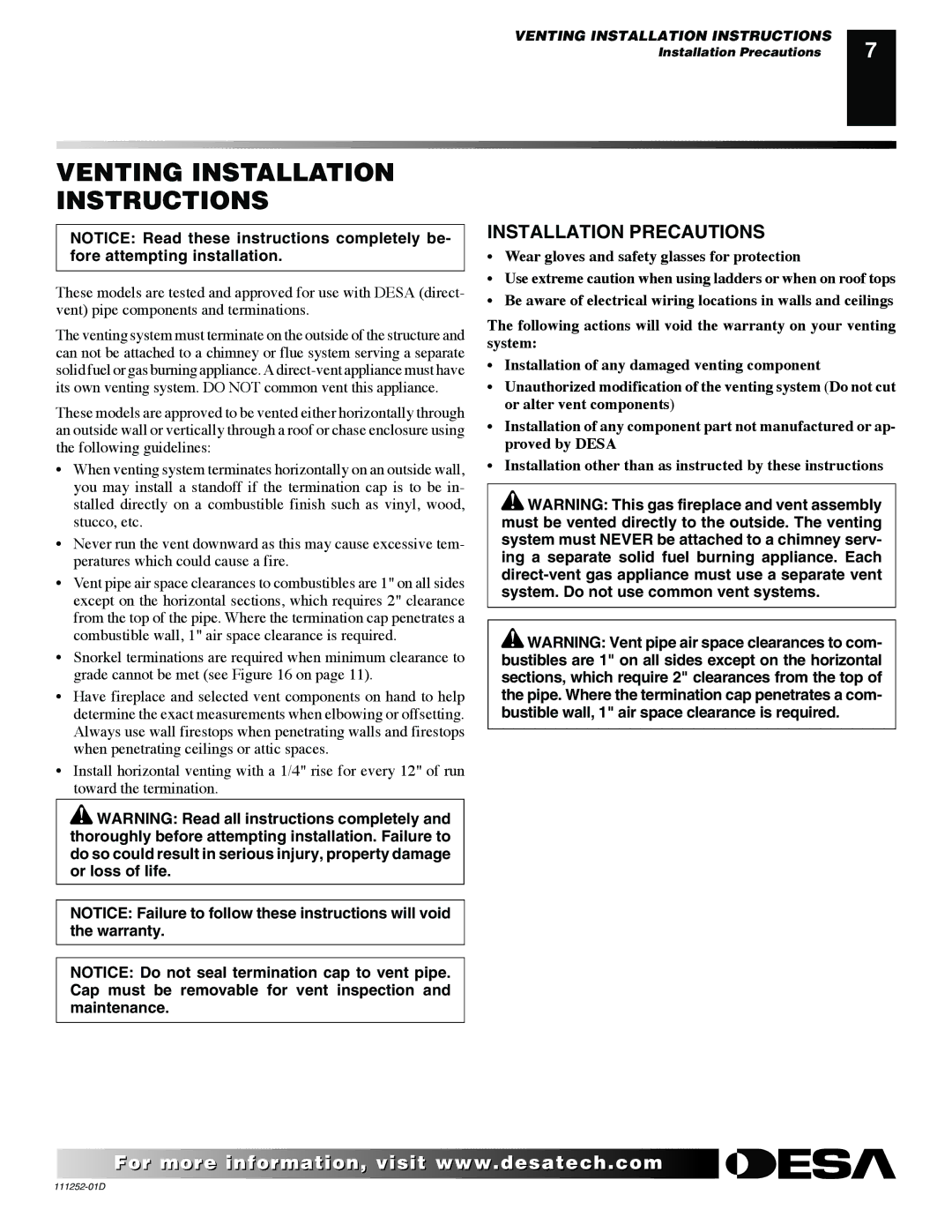 Desa V36N-A, V36NR-B, V36P-A, VV36NB(1), VV36PB(1) Venting Installation Instructions, Installation Precautions 