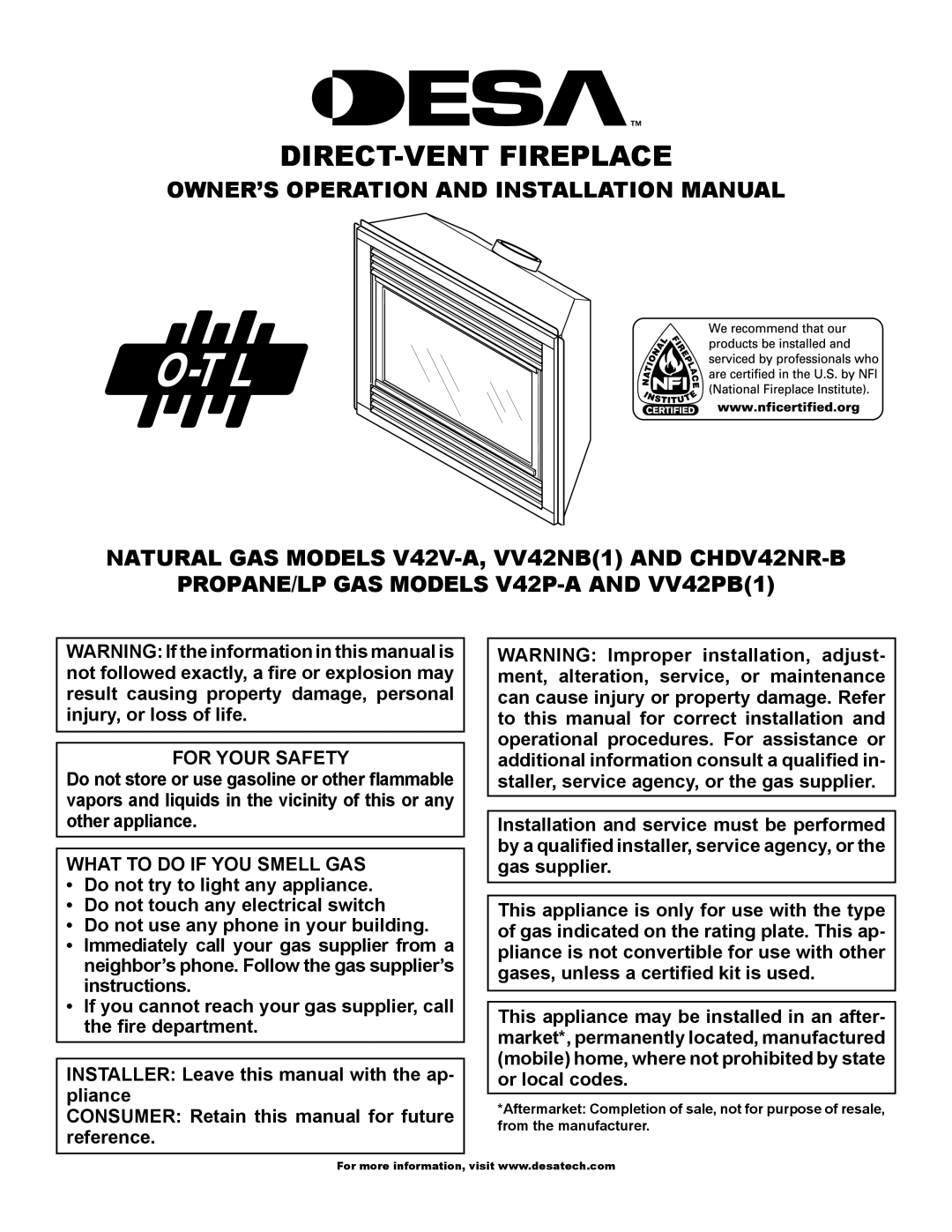 Desa V42V-A installation manual For Your Safety, What to do if YOU Smell GAS 