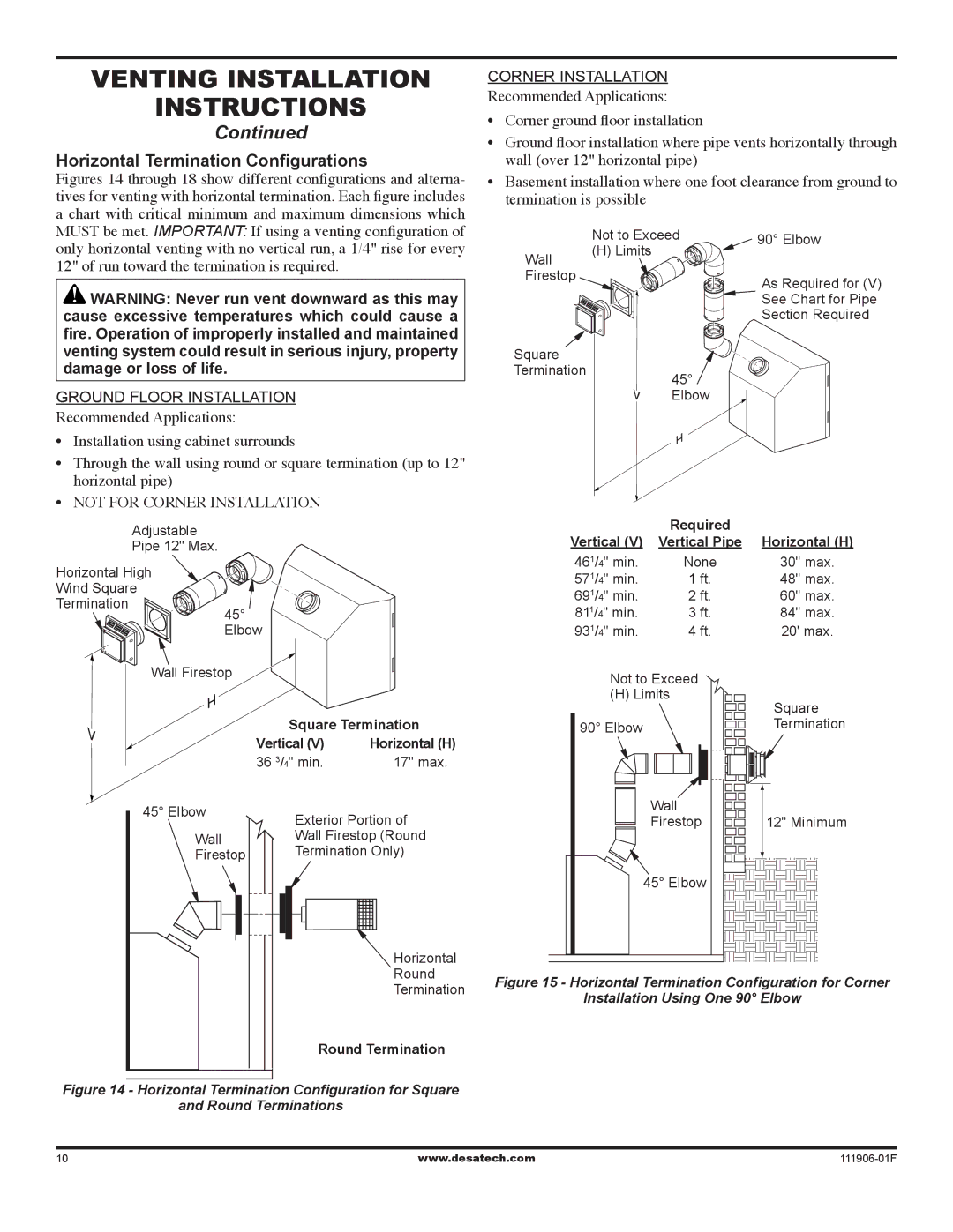 Desa V42V-A installation manual Horizontal Termination Configurations, Ground Floor Installation 