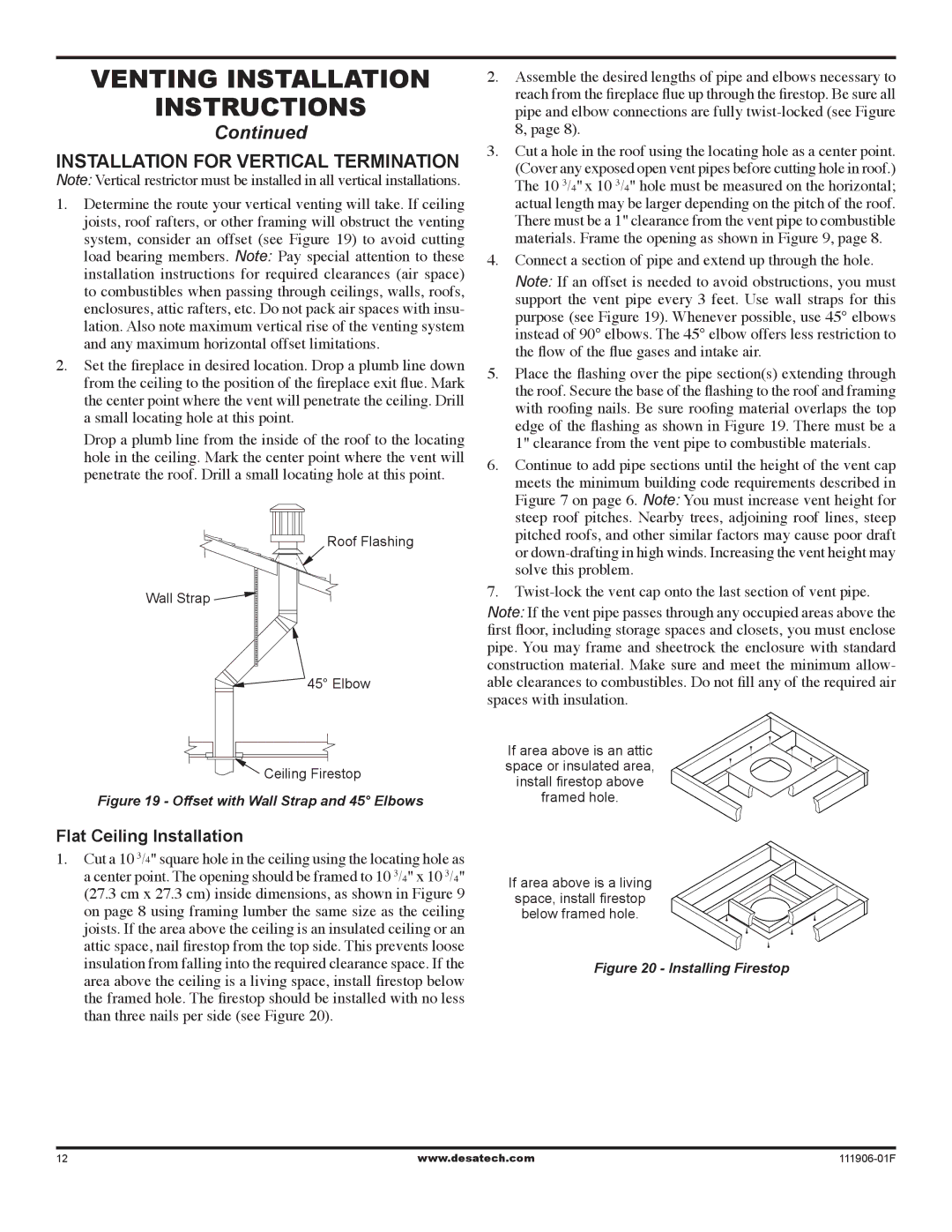 Desa V42V-A installation manual Flat Ceiling Installation, Offset with Wall Strap and 45 Elbows 