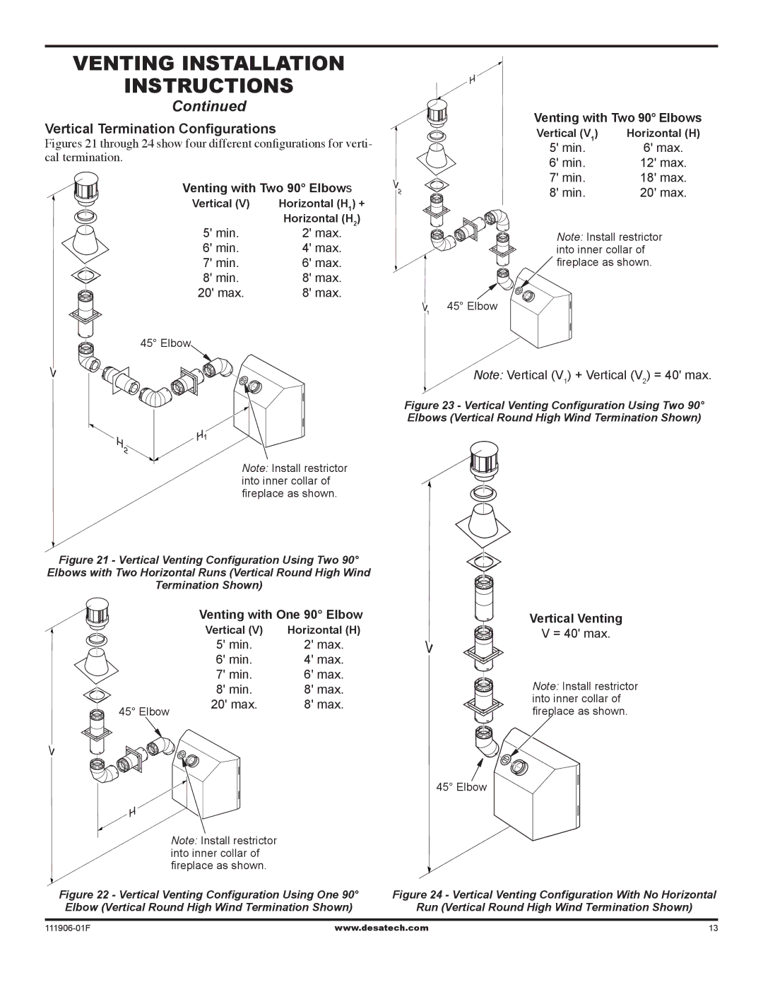 Desa V42V-A installation manual Vertical Termination Configurations, Venting with One 90 Elbow, Vertical Venting 