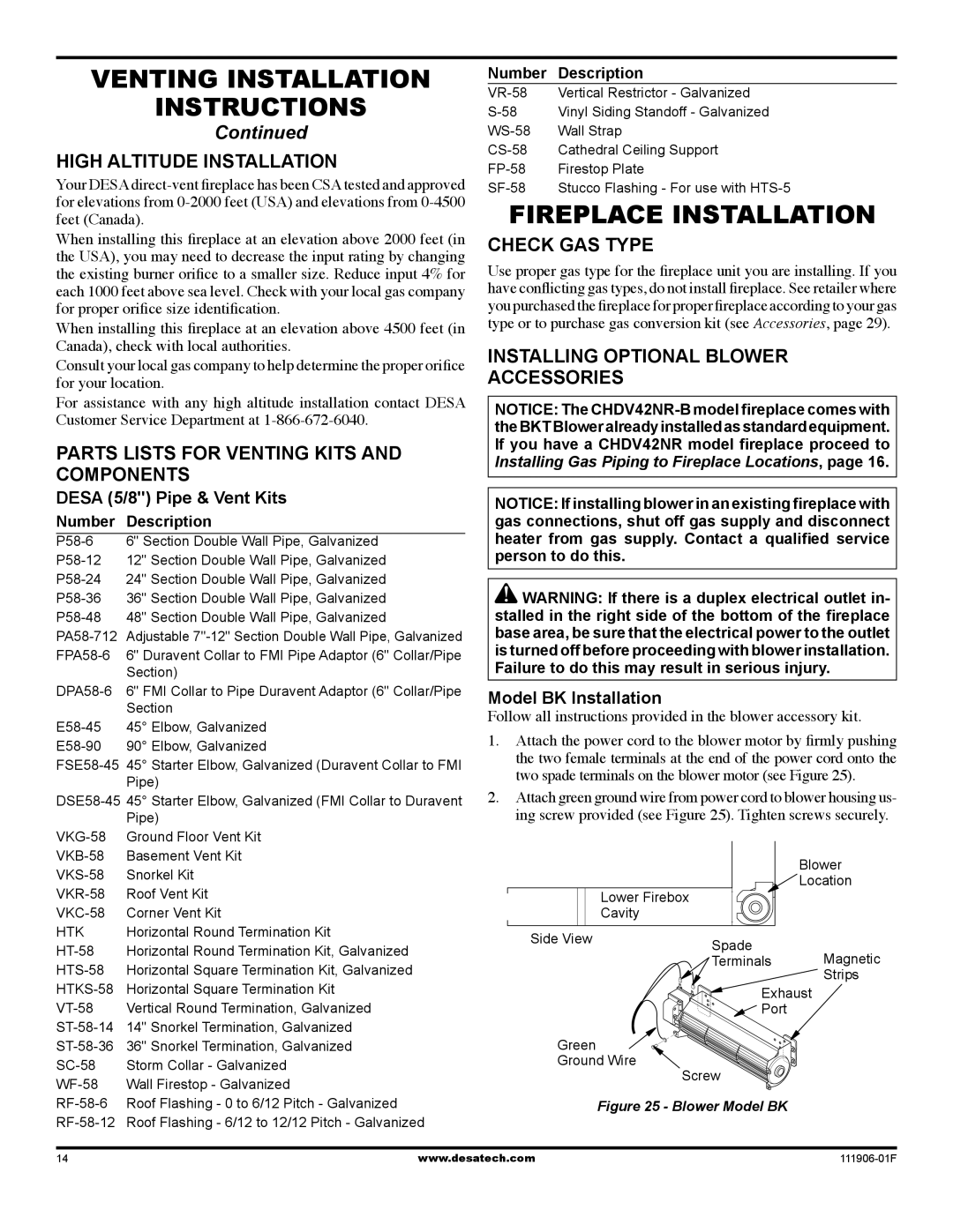 Desa V42V-A Fireplace Installation, High Altitude Installation, Parts lists for venting kits and components 