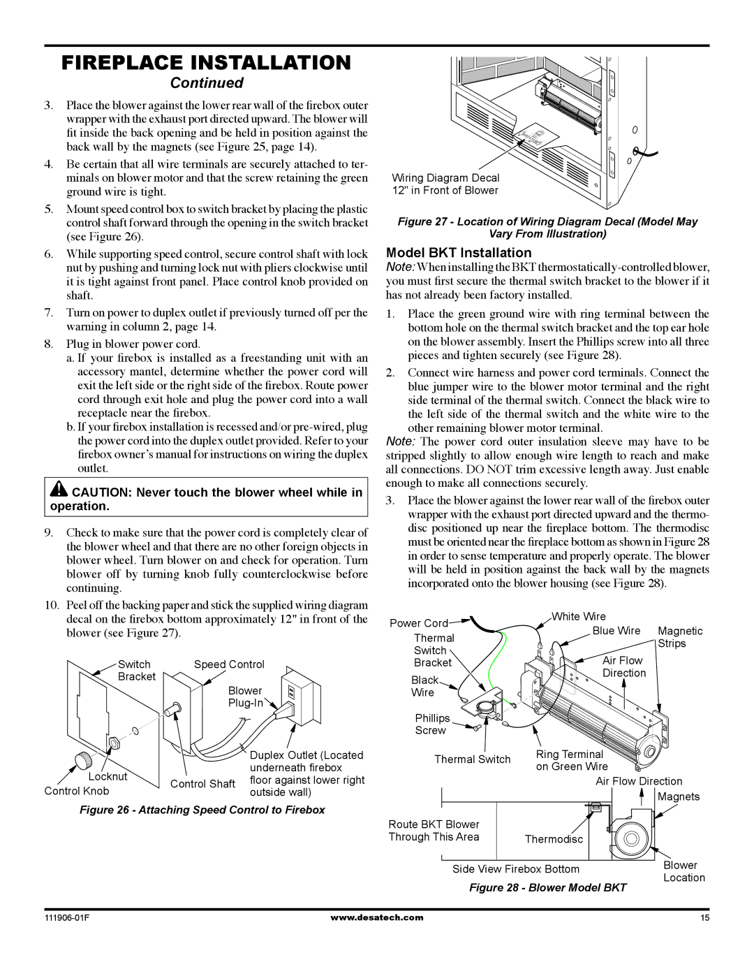 Desa V42V-A installation manual Model BKT Installation, Attaching Speed Control to Firebox 