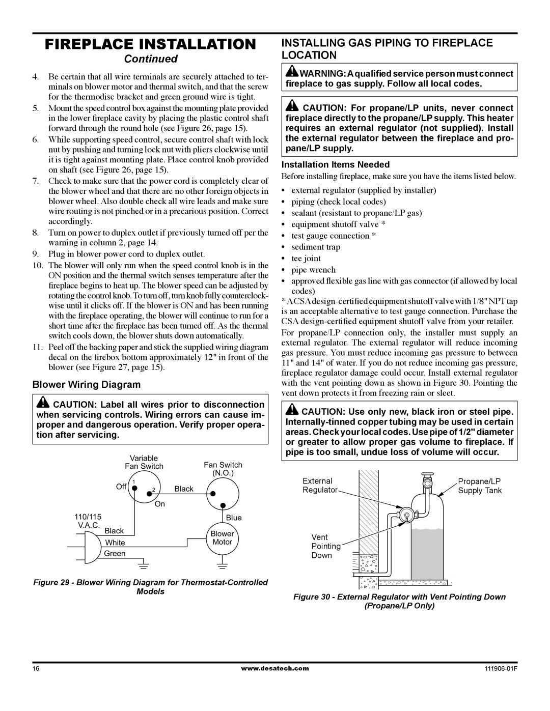 Desa V42V-A Installing Gas Piping to Fireplace Location, Blower Wiring Diagram, Installation Items Needed 