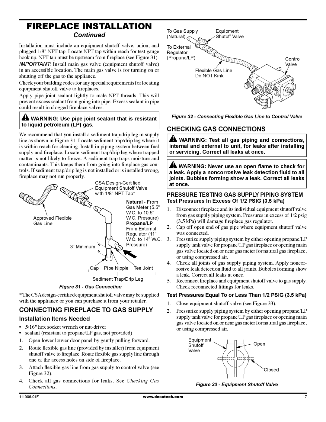 Desa V42V-A installation manual Connecting Fireplace to GAS Supply, Checking GAS Connections, Installation Items Needed 