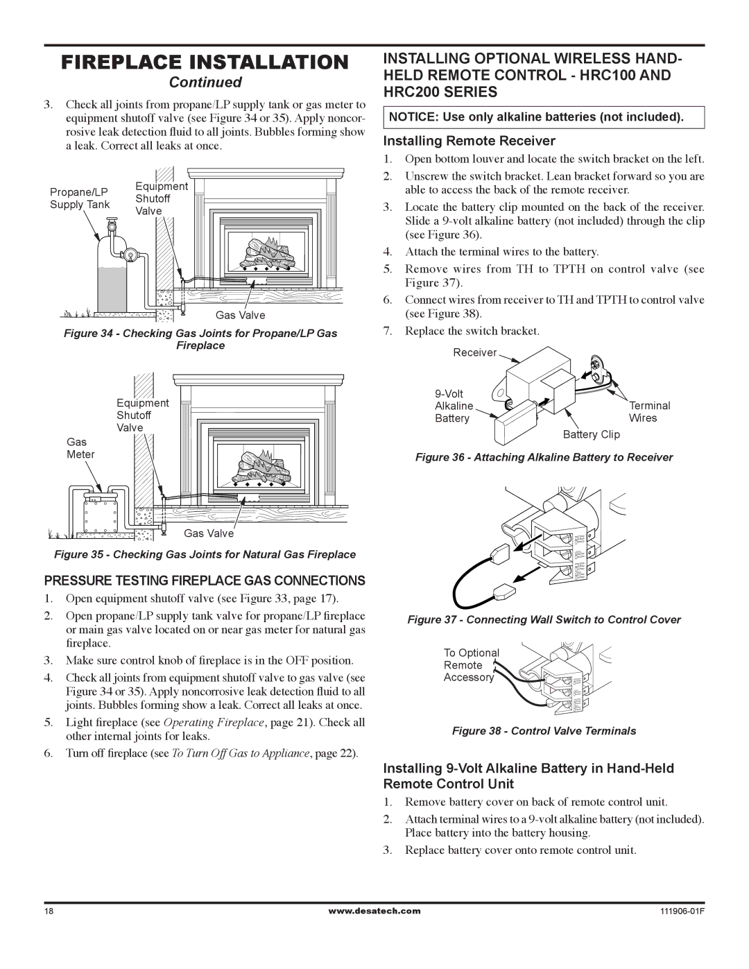 Desa V42V-A installation manual Installing Remote Receiver, Pressure Testing Fireplace Gas Connections 