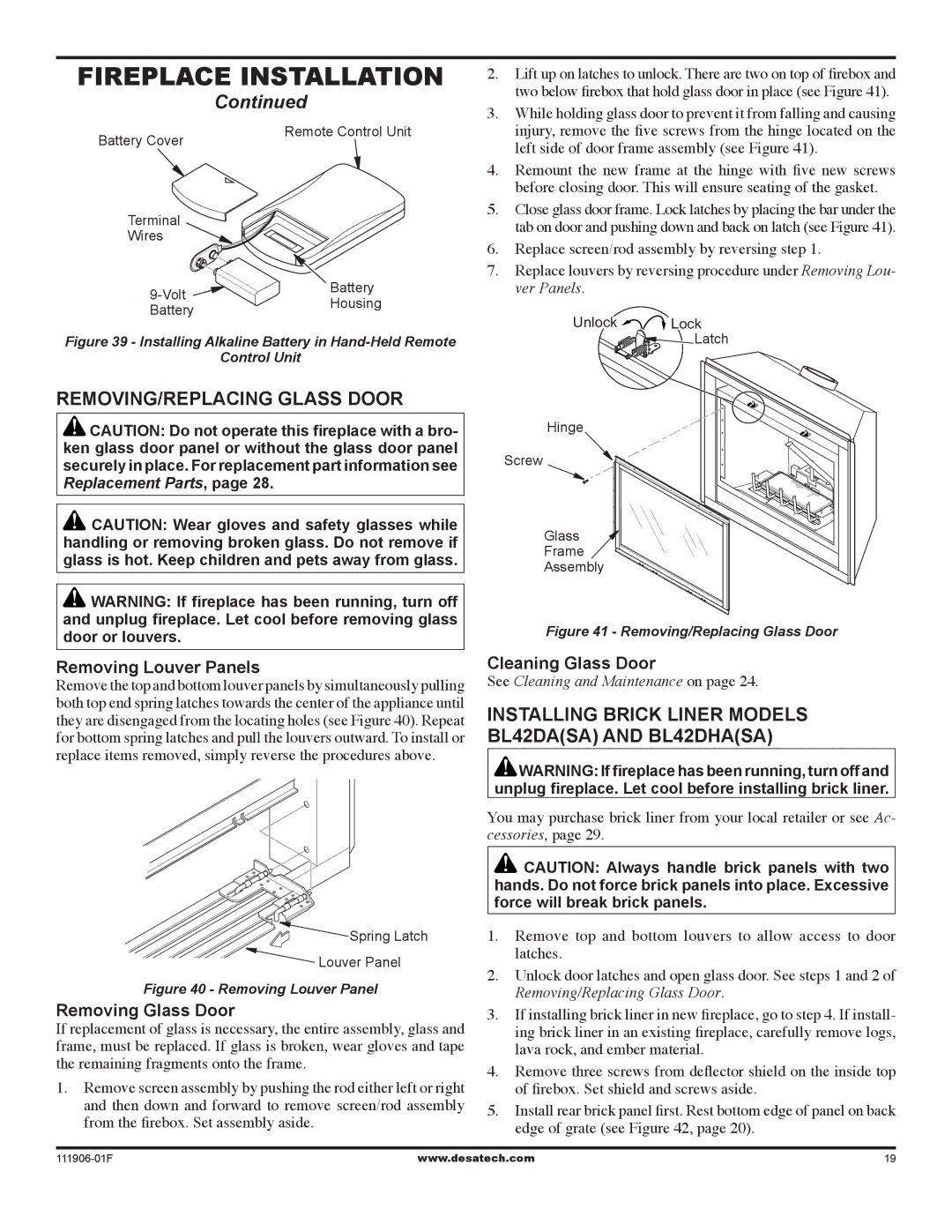 Desa V42V-A Removing/Replacing Glass Door, Installing Brick liner Models BL42DASA and BL42DHASA, Removing Louver Panels 