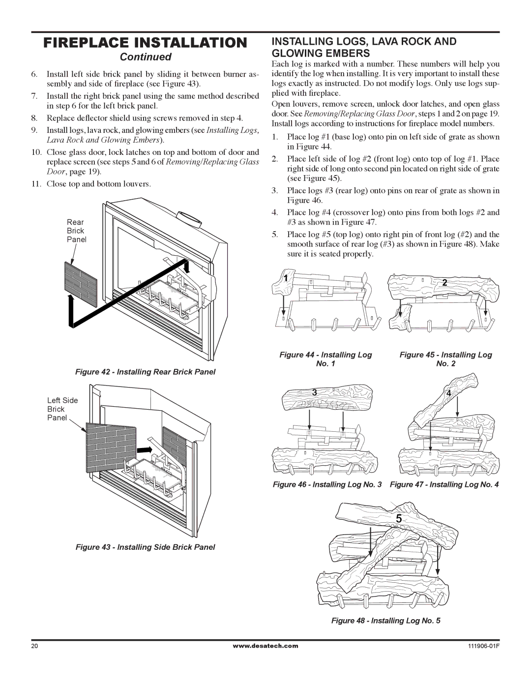 Desa V42V-A installation manual Installing logs, lava rock Glowing embers, Installing Rear Brick Panel 