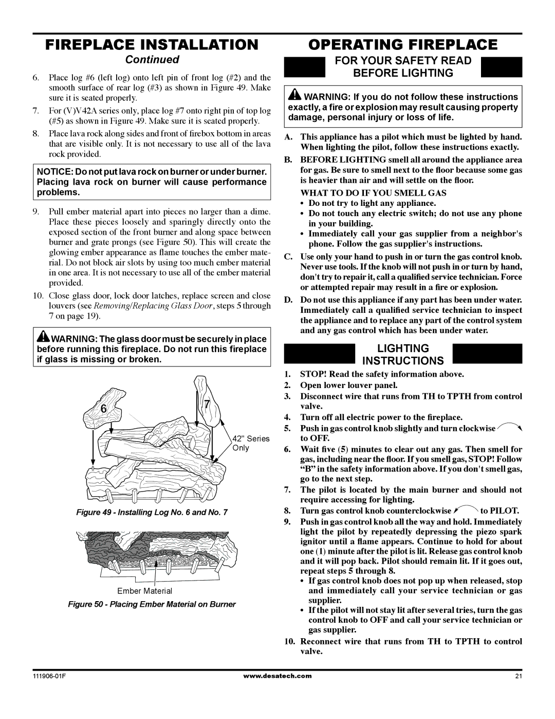 Desa V42V-A installation manual Operating Fireplace, For your safety read Before lighting, Lighting Instructions 