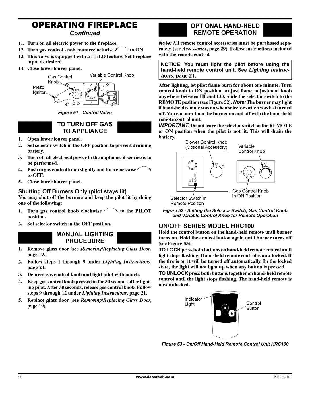 Desa V42V-A To Turn OFF GAS To Appliance, OpTIONAL Hand-Held, Remote Operation, Manual Lighting Procedure 