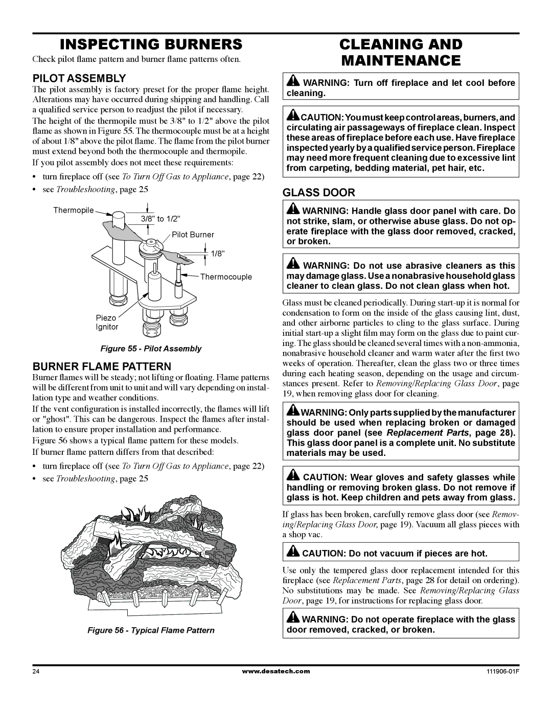 Desa V42V-A installation manual Inspecting Burners, Cleaning Maintenance, Pilot assembly, Burner Flame Pattern, Glass Door 