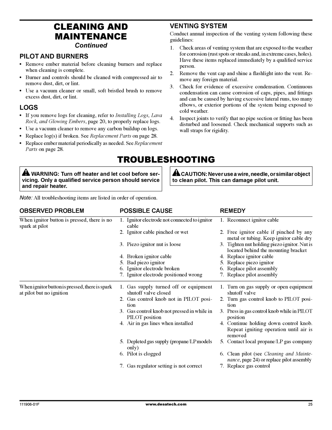 Desa V42V-A Troubleshooting, Pilot and burners, Logs, Venting system, To clean pilot. This can damage pilot unit 