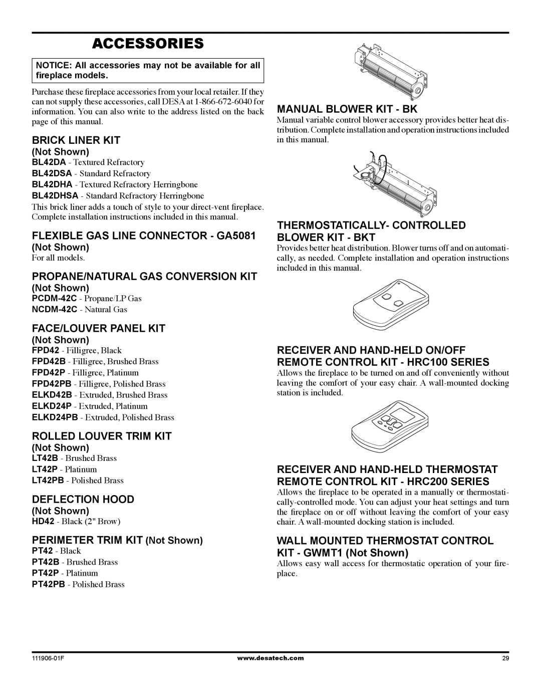 Desa V42V-A installation manual Accessories 