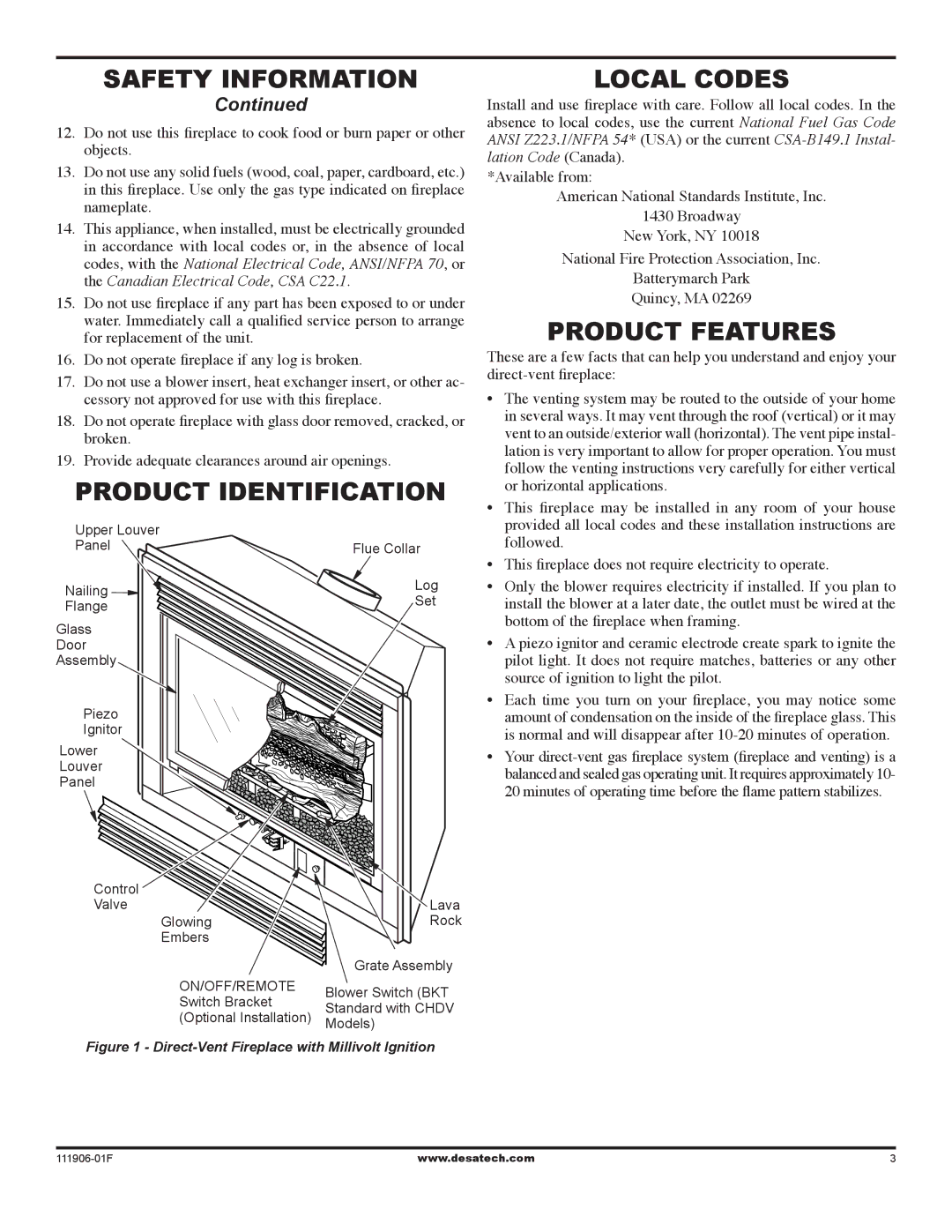 Desa V42V-A installation manual Product Identification, Local Codes, Product Features 