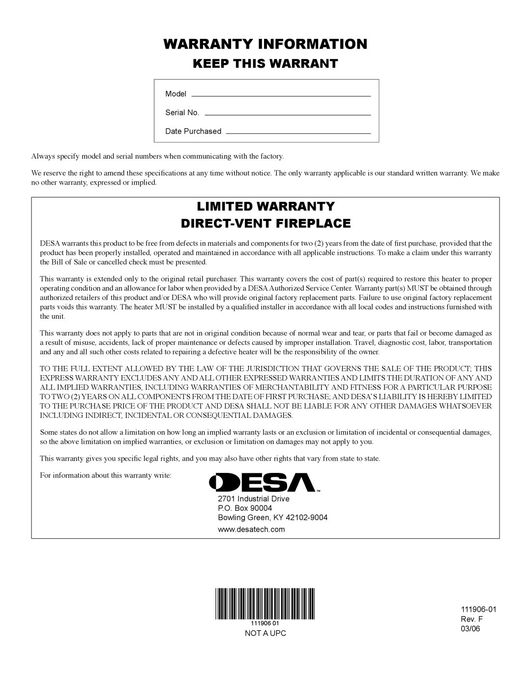 Desa V42V-A installation manual Warranty Information, Keep this Warrant 