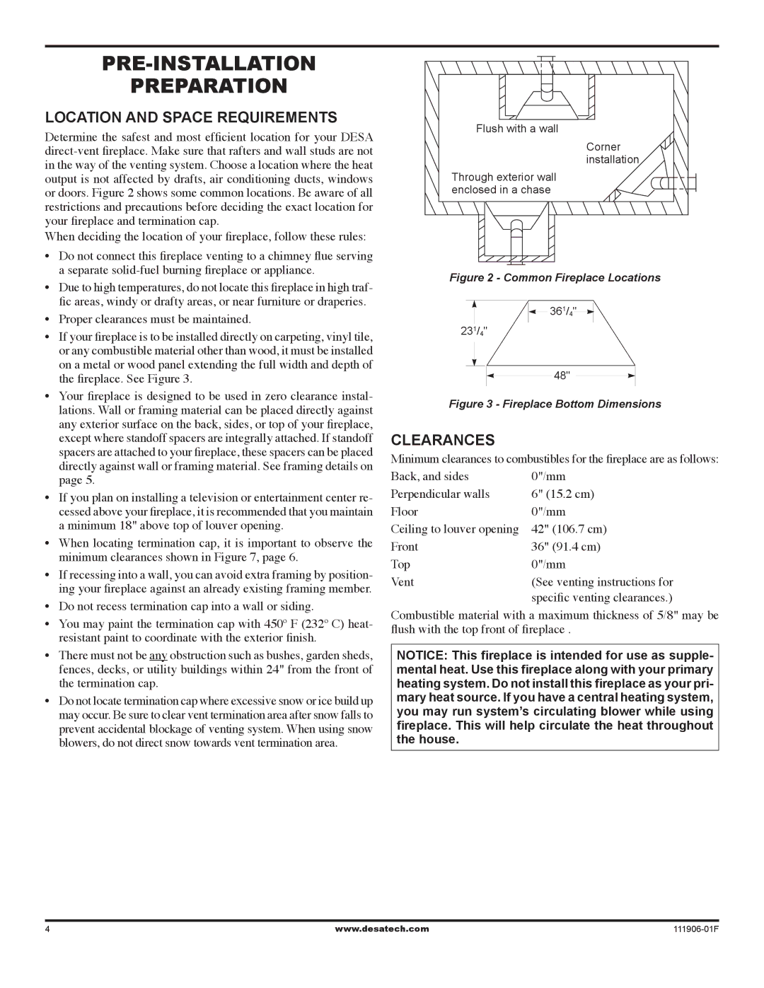 Desa V42V-A installation manual Pre-Installation Preparation, Location and space requirements, Clearances 