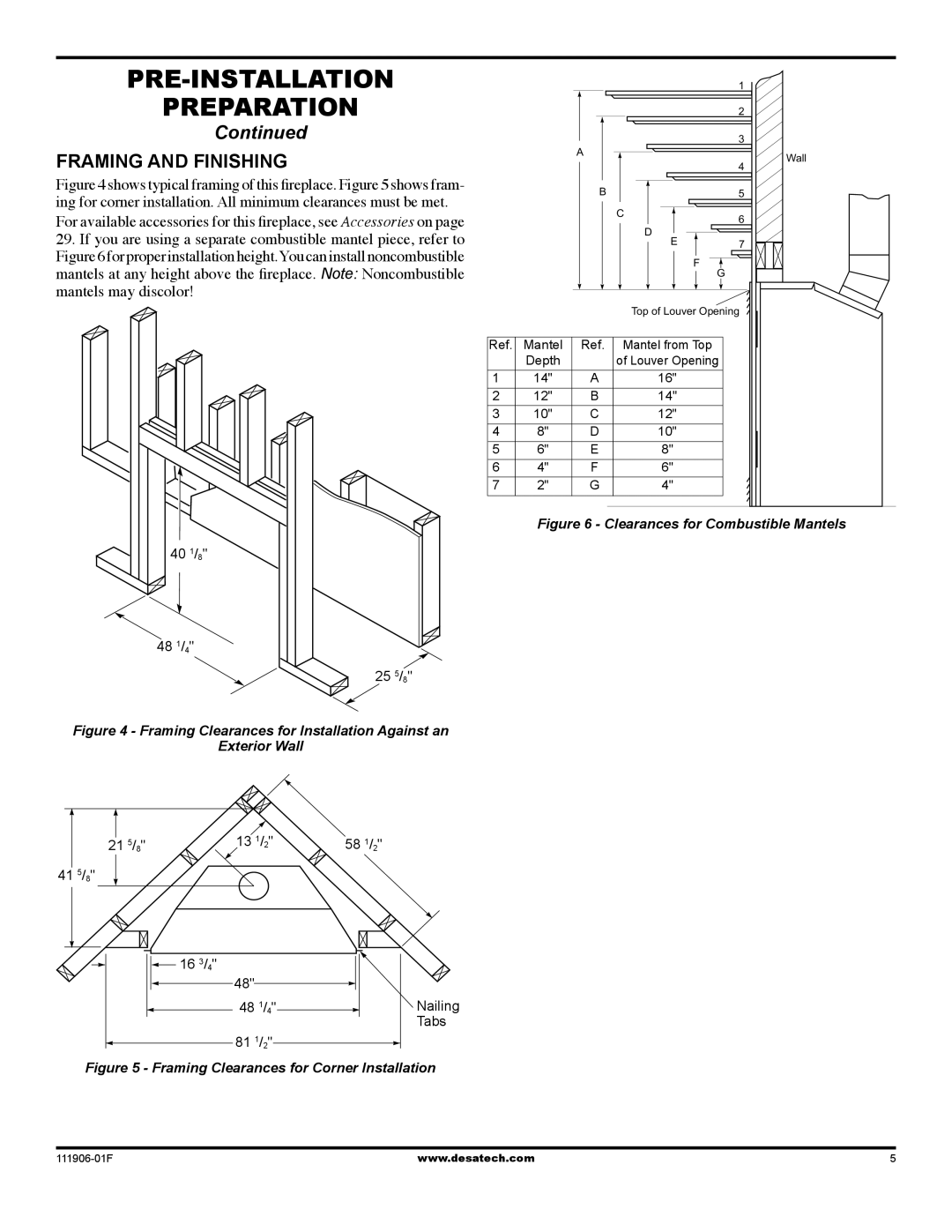 Desa V42V-A installation manual Framing and finishing, Framing Clearances for Installation Against an Exterior Wall 