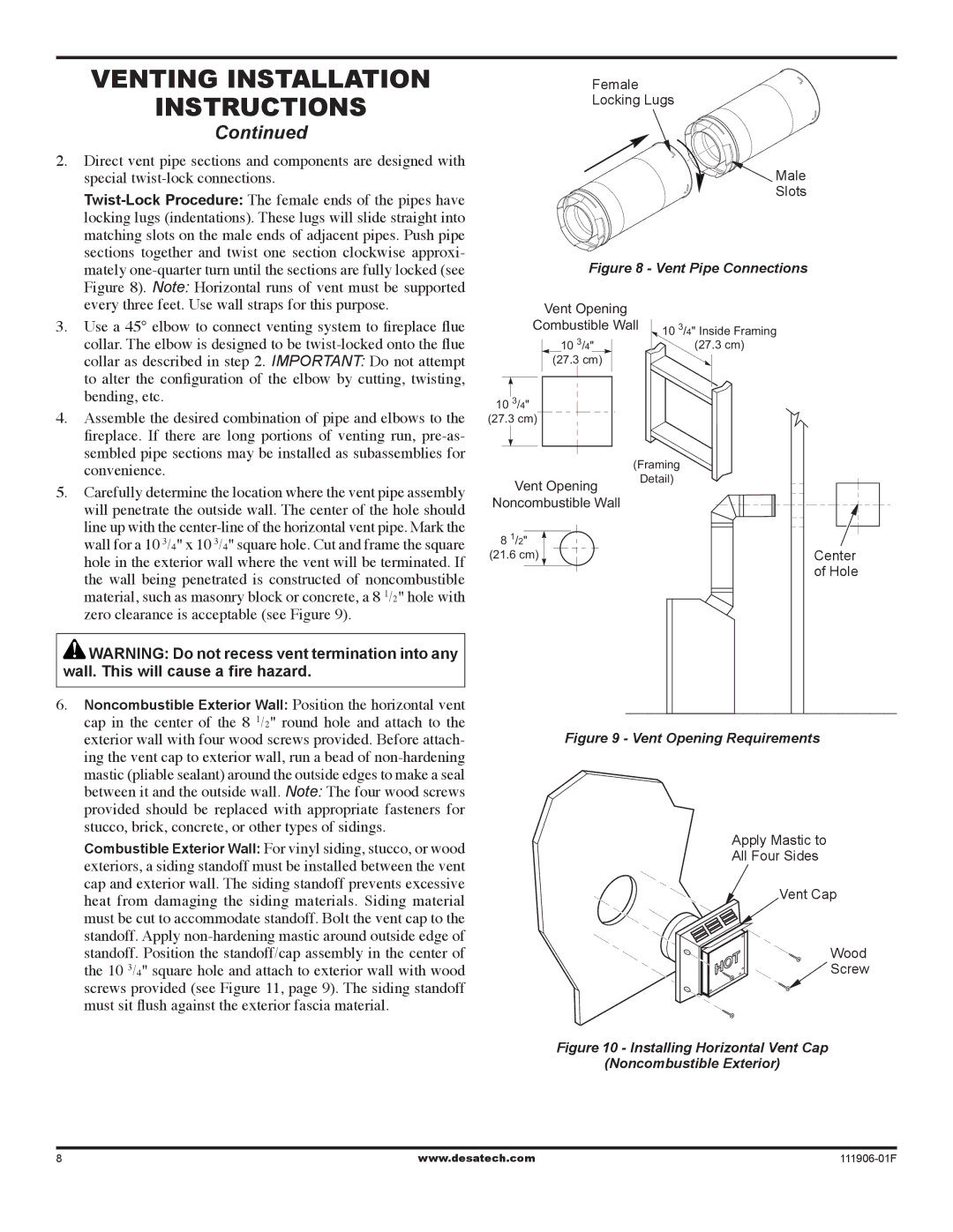 Desa V42V-A installation manual Vent Pipe Connections 