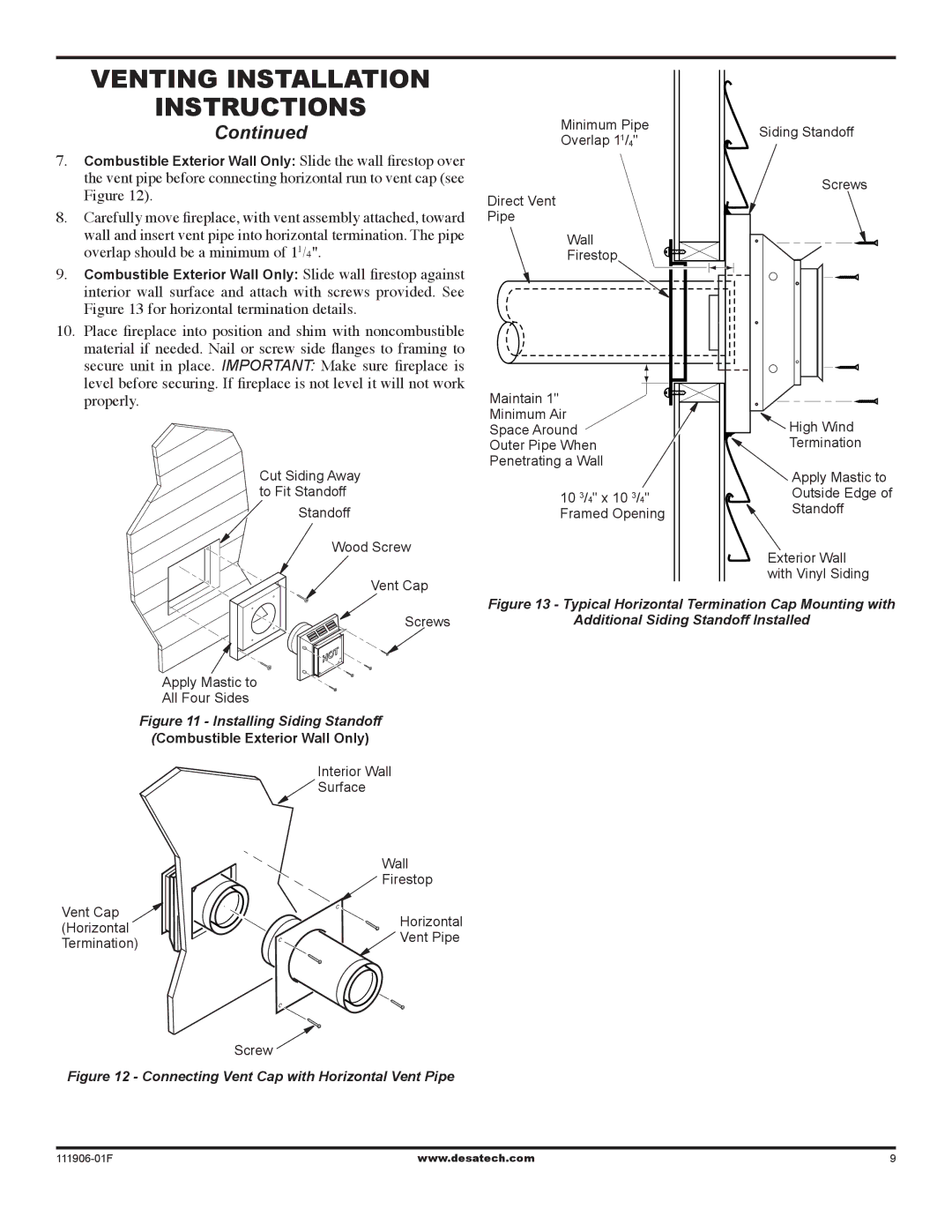 Desa V42V-A installation manual Vent pipe before connecting horizontal run to vent cap see 