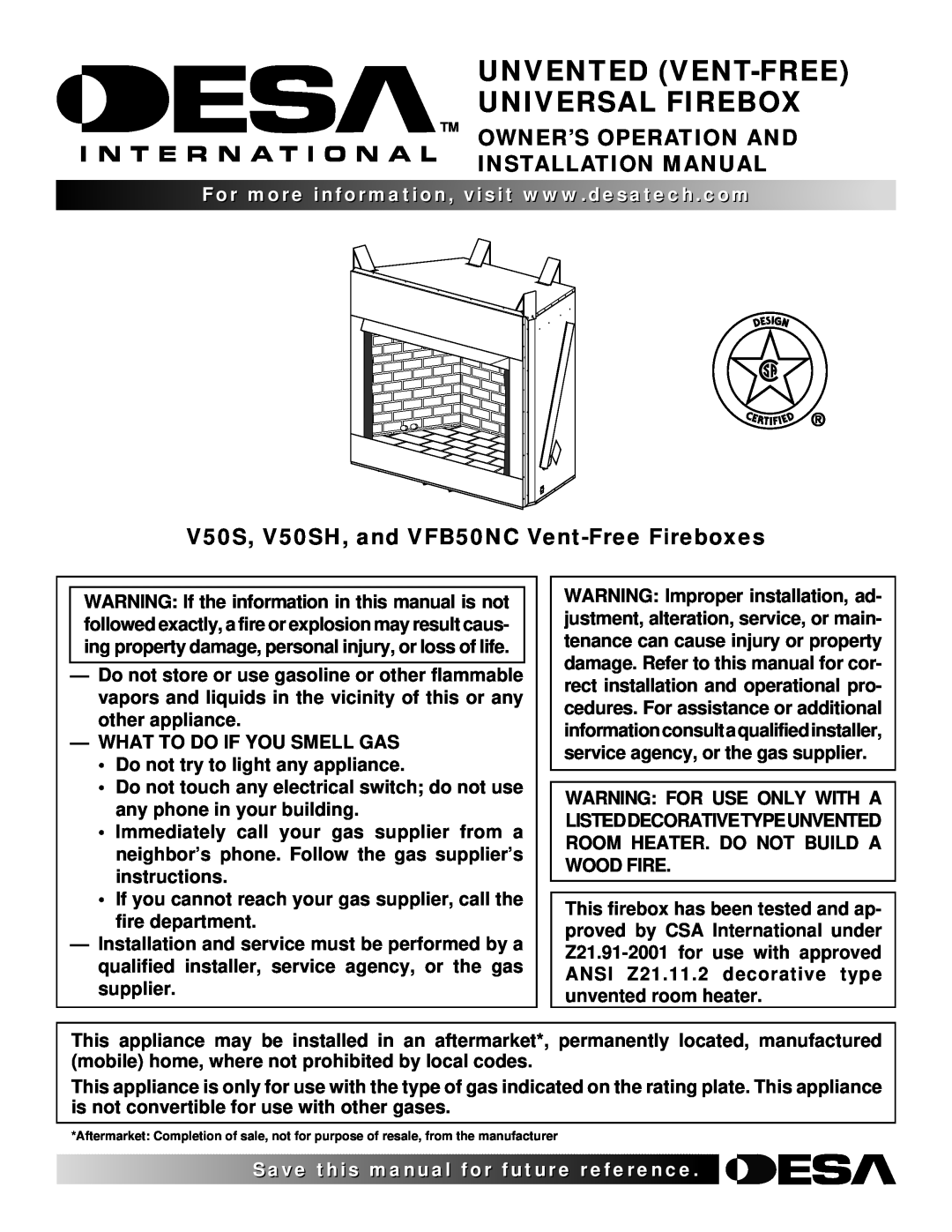Desa VFB50NC, V50SH installation manual Unvented Vent-Free Universal Firebox, Save this manual for future 