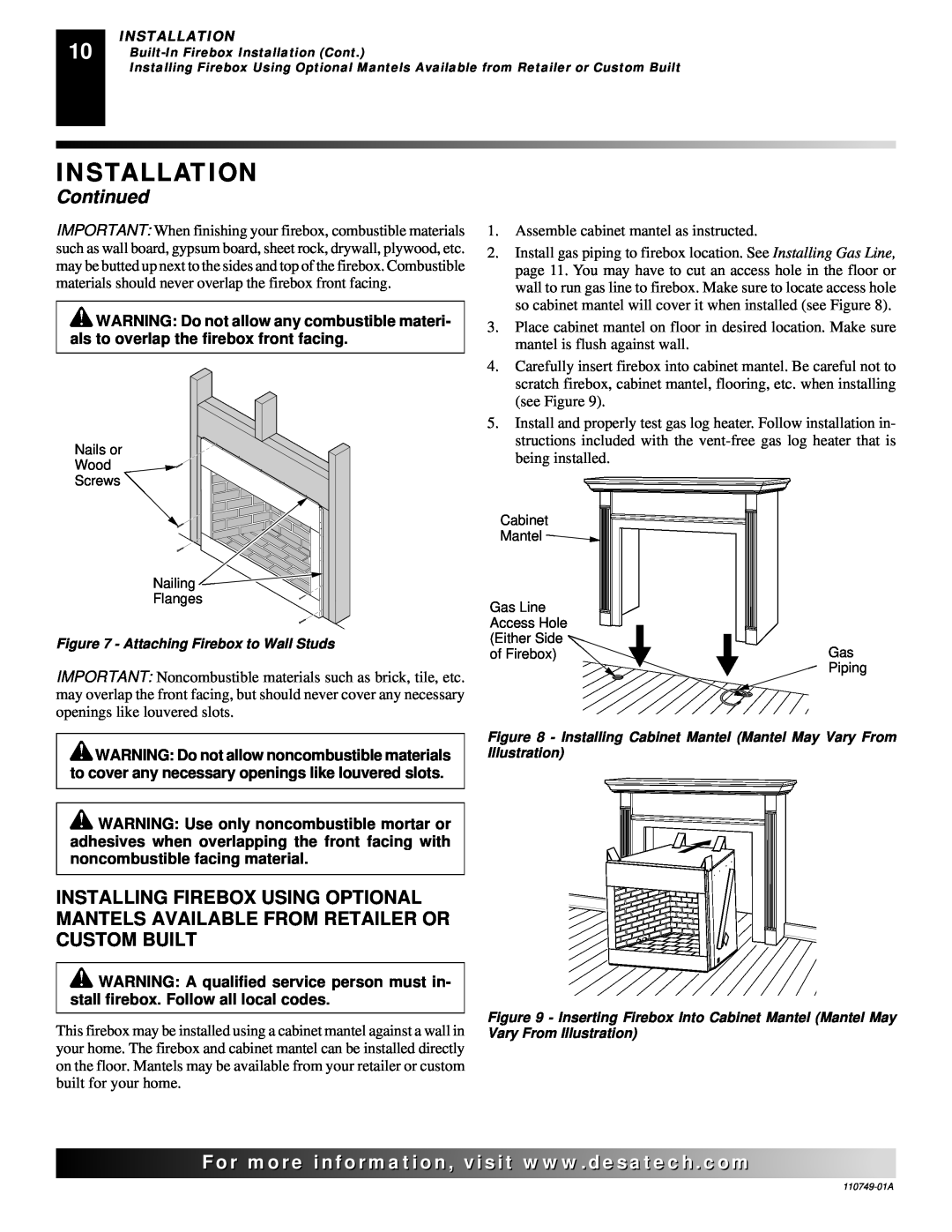 Desa VFB50NC, V50SH installation manual Installation, Continued, Assemble cabinet mantel as instructed 