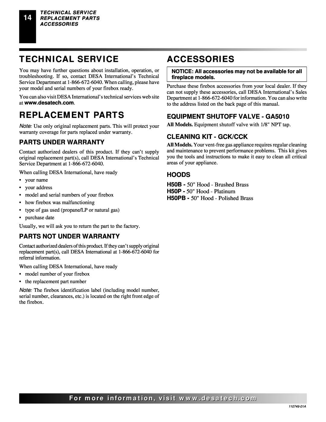 Desa V50SH Technical Service, Accessories, Replacement Parts, H50B - 50 Hood - Brushed Brass, H50P - 50 Hood - Platinum 