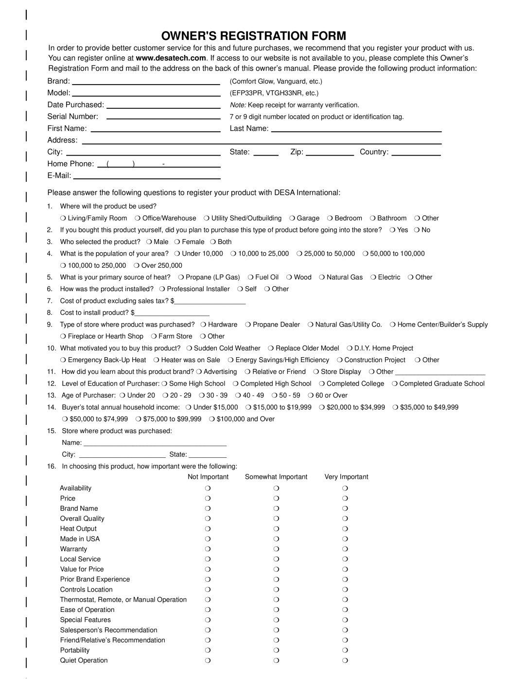 Desa VFB50NC, V50SH installation manual Owners Registration Form 