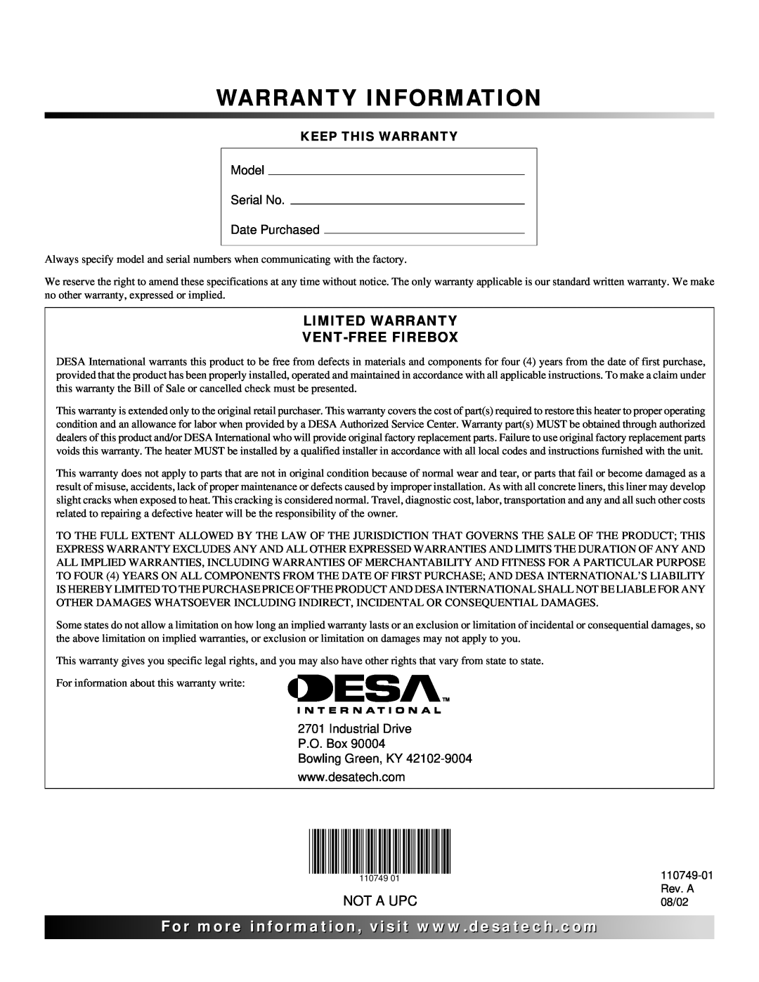 Desa V50S Warranty Information, Not A Upc, Model Serial No Date Purchased, Industrial Drive P.O. Box Bowling Green, KY 