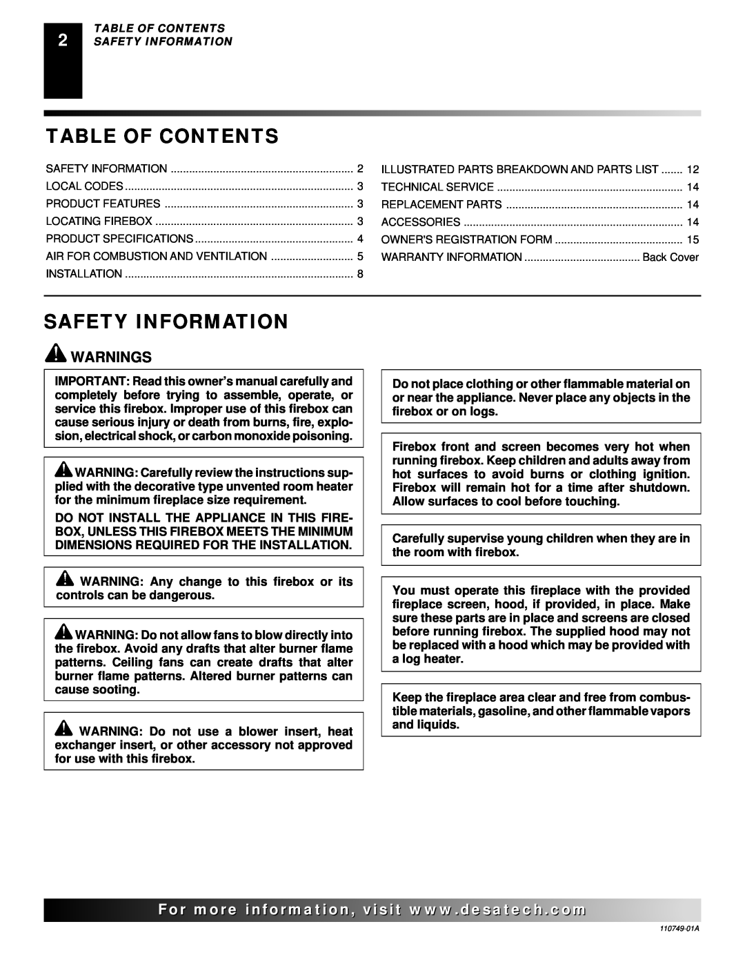 Desa V50SH, VFB50NC installation manual Table Of Contents, Safety Information, Warnings 