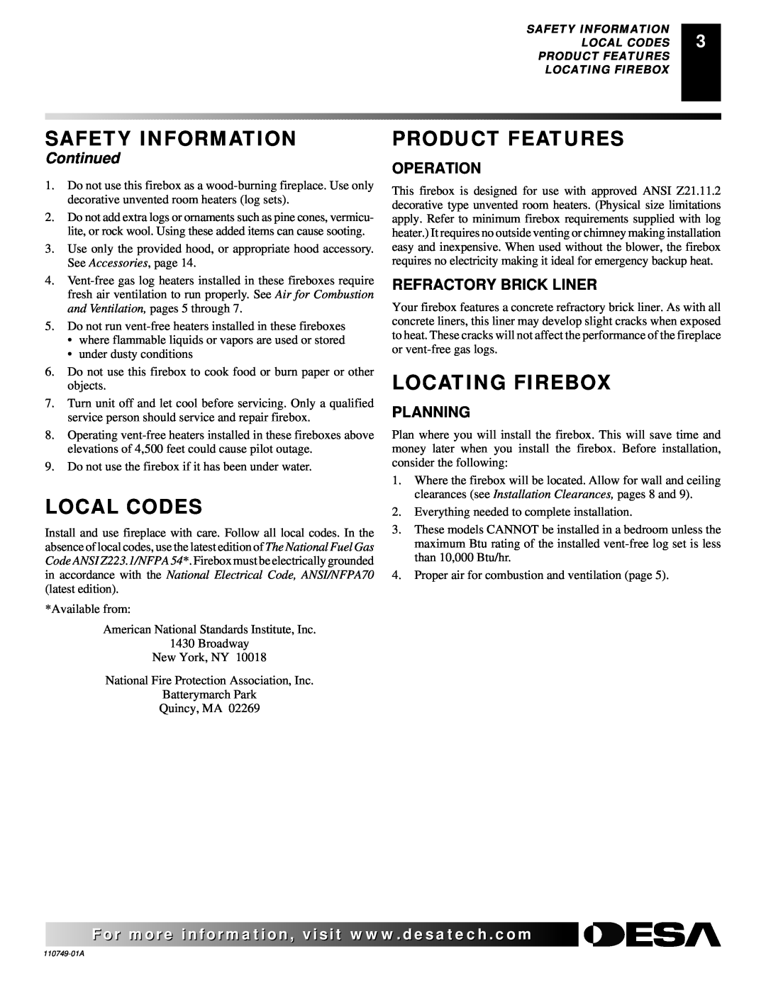 Desa VFB50NC, V50SH installation manual Local Codes, Product Features, Locating Firebox, Continued, Safety Information 