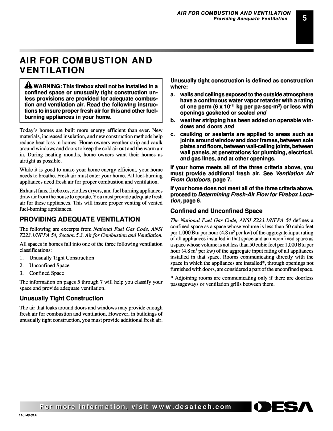 Desa V50SH, VFB50NC installation manual Air For Combustion And Ventilation, Providing Adequate Ventilation 