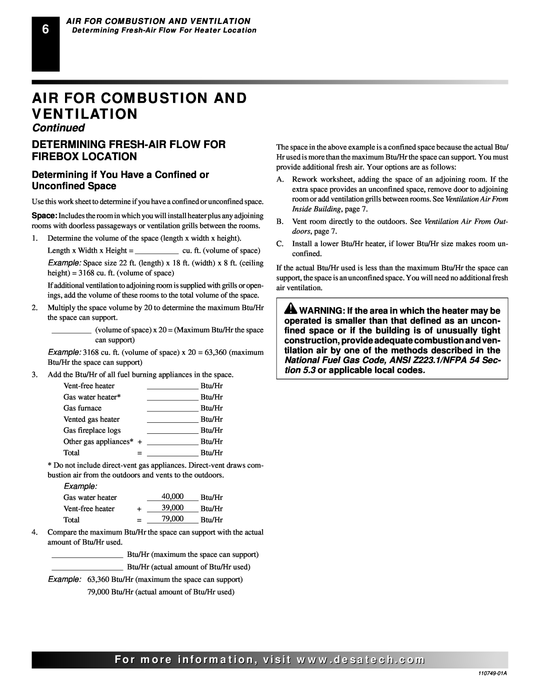 Desa VFB50NC, V50SH installation manual Air For Combustion And Ventilation, Continued 