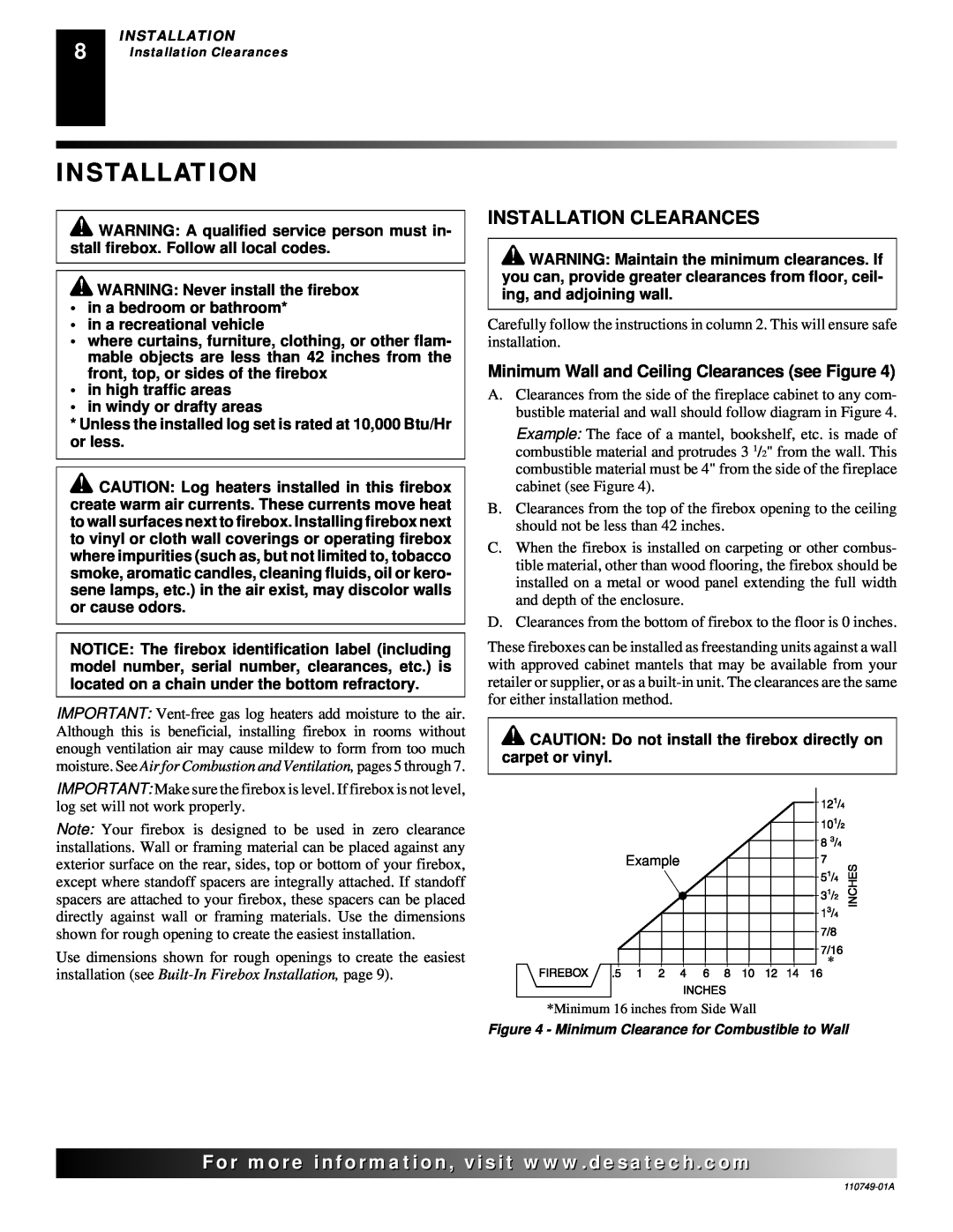 Desa V50SH, VFB50NC installation manual Installation Clearances 