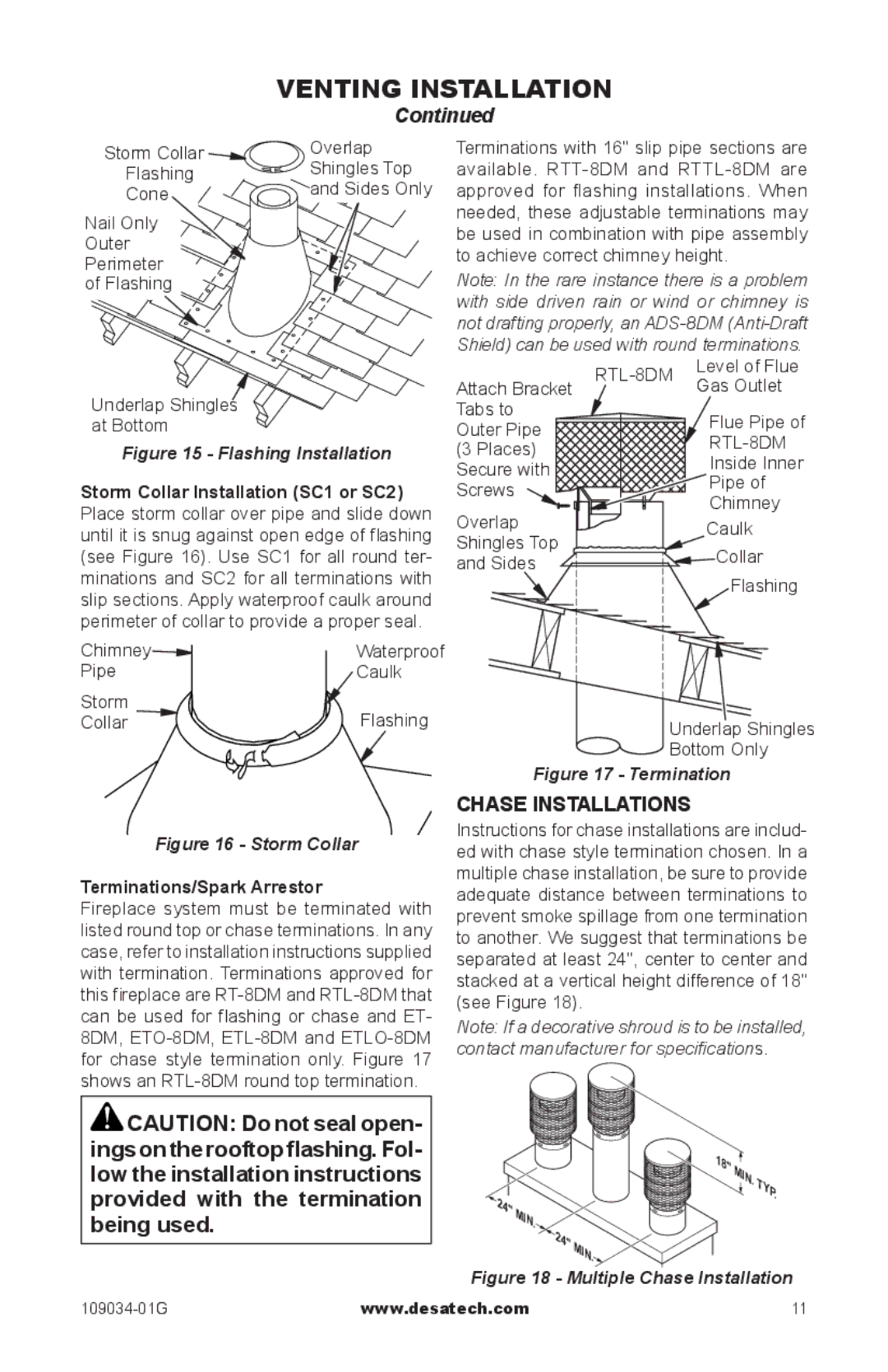 Desa (V)B36LI Chase installations, Chimney, Level of Flue, Attach Bracket Gas Outlet Tabs to Flue Pipe Outer Pipe 