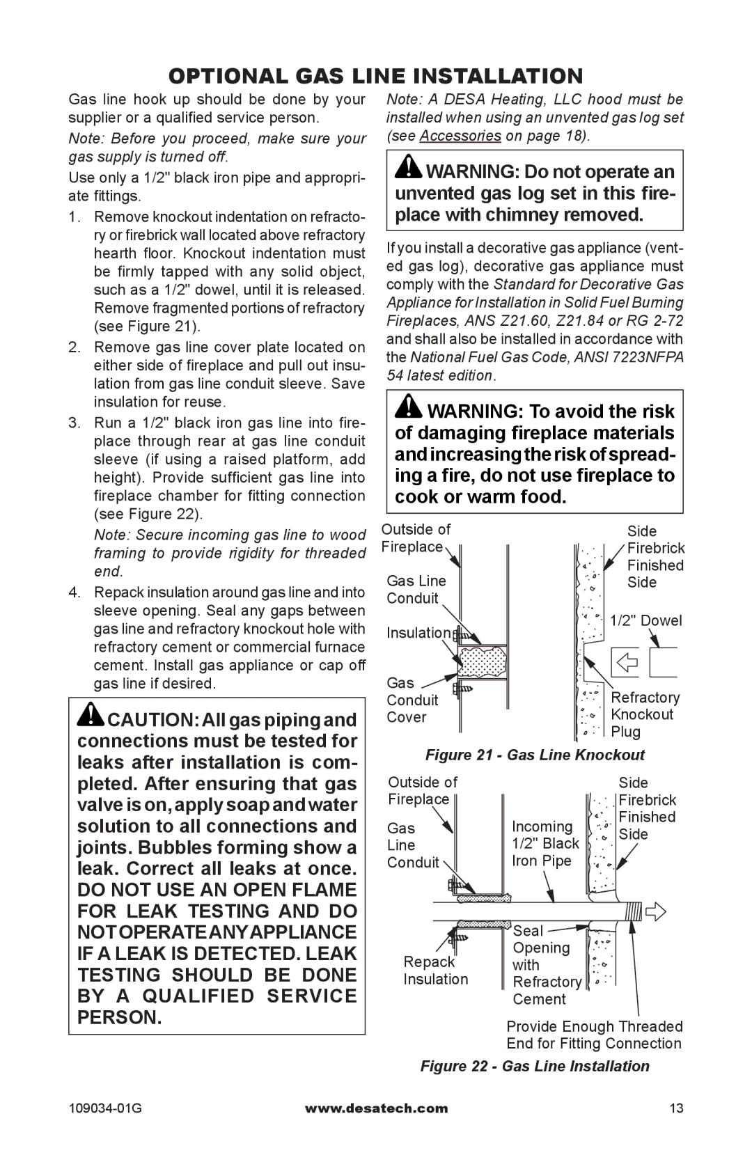 Desa (V)B36LI, (V)B36I, CWB36C installation manual Optional Gas Line Installation, Gas Line Knockout 